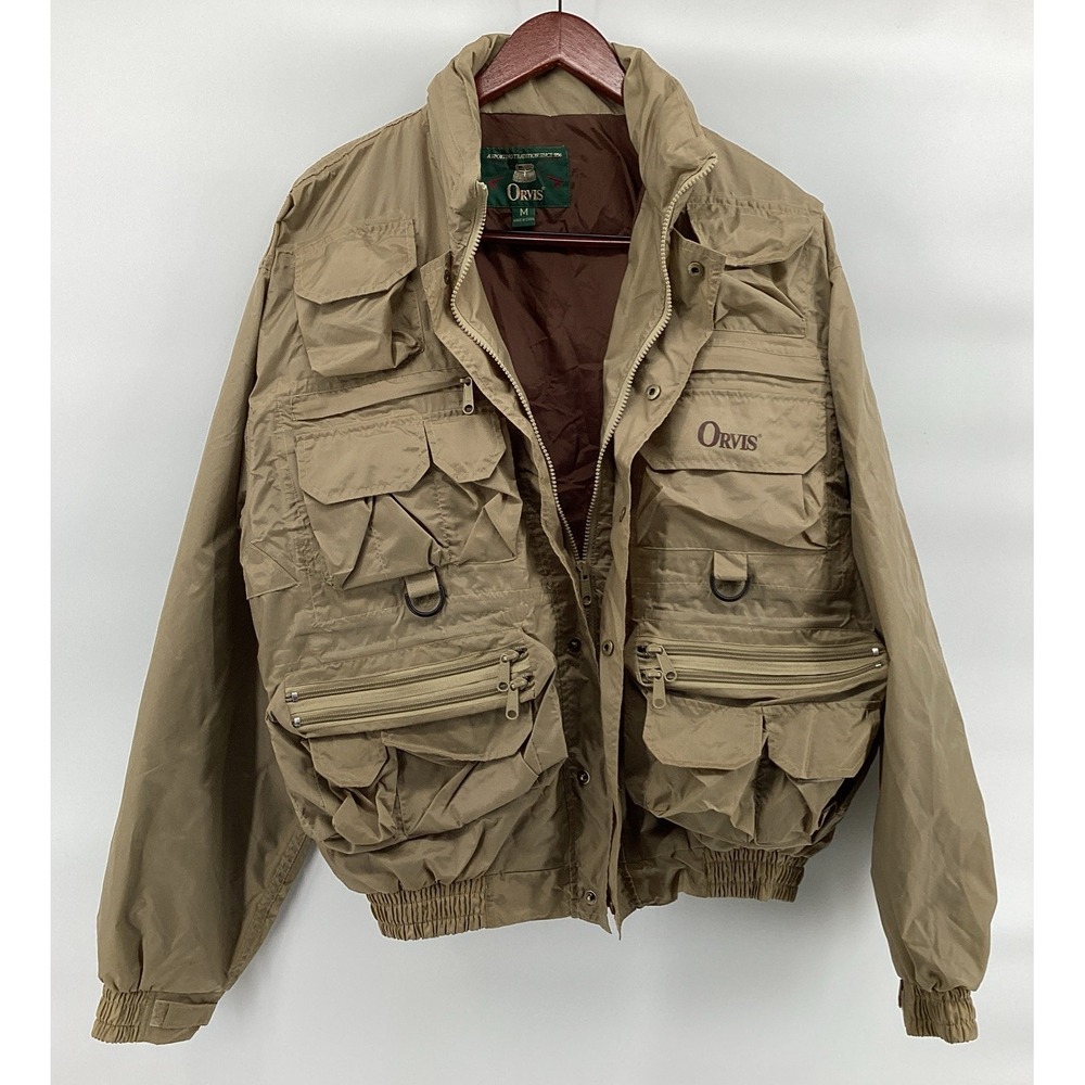 Vintage Orvis Fly Fishing Shell Jacket Mens Medium Tan Khaki Pockets Utility